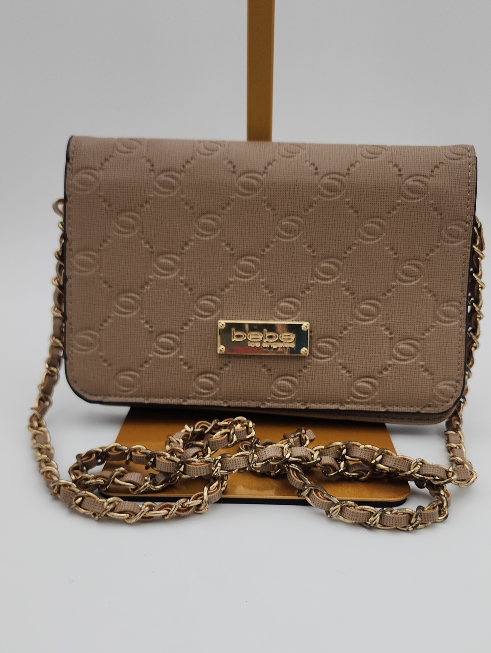 Bebe Taupe Quilted Crossbody with Gold Chain Strap